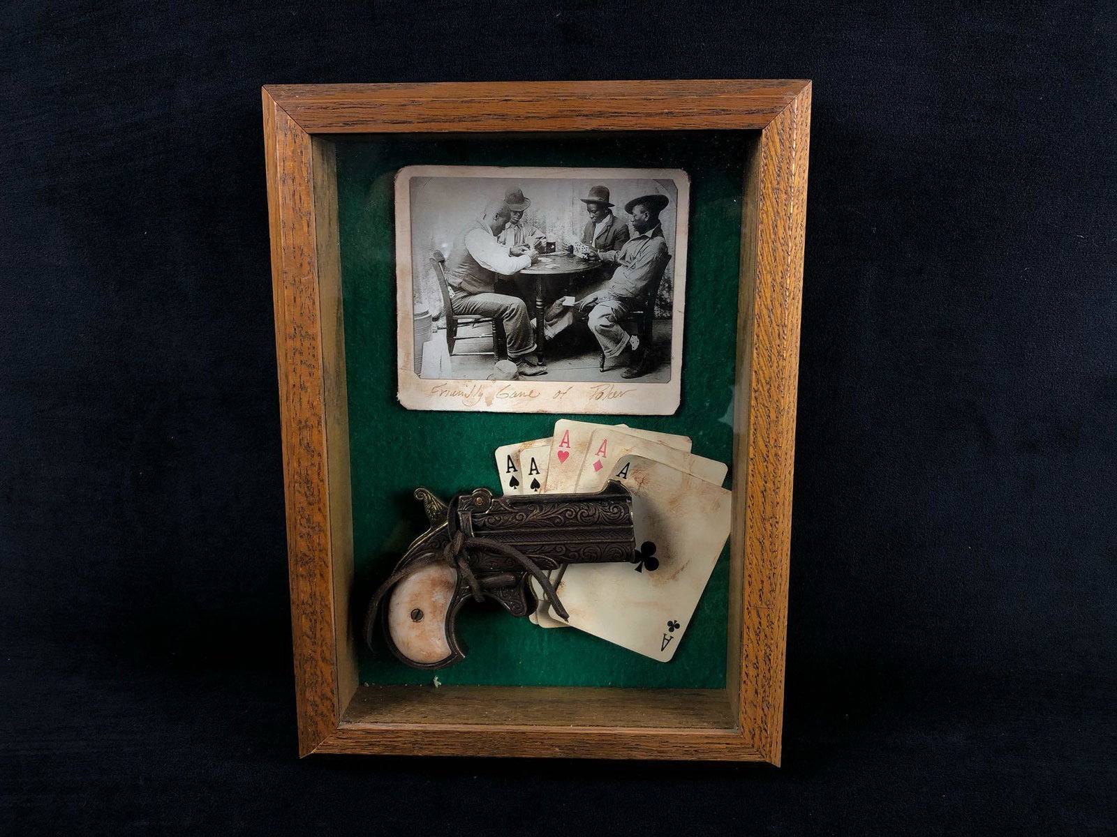 Antique Gambling / Poker- Picture- Cards - Derringer: Antique Gambling / Poker- Picture- Cards - Derringer Replica Framed Display . Very cool display perfect for any gambler or poker collectors. Professionally framed in very good condition.Mesurments of 