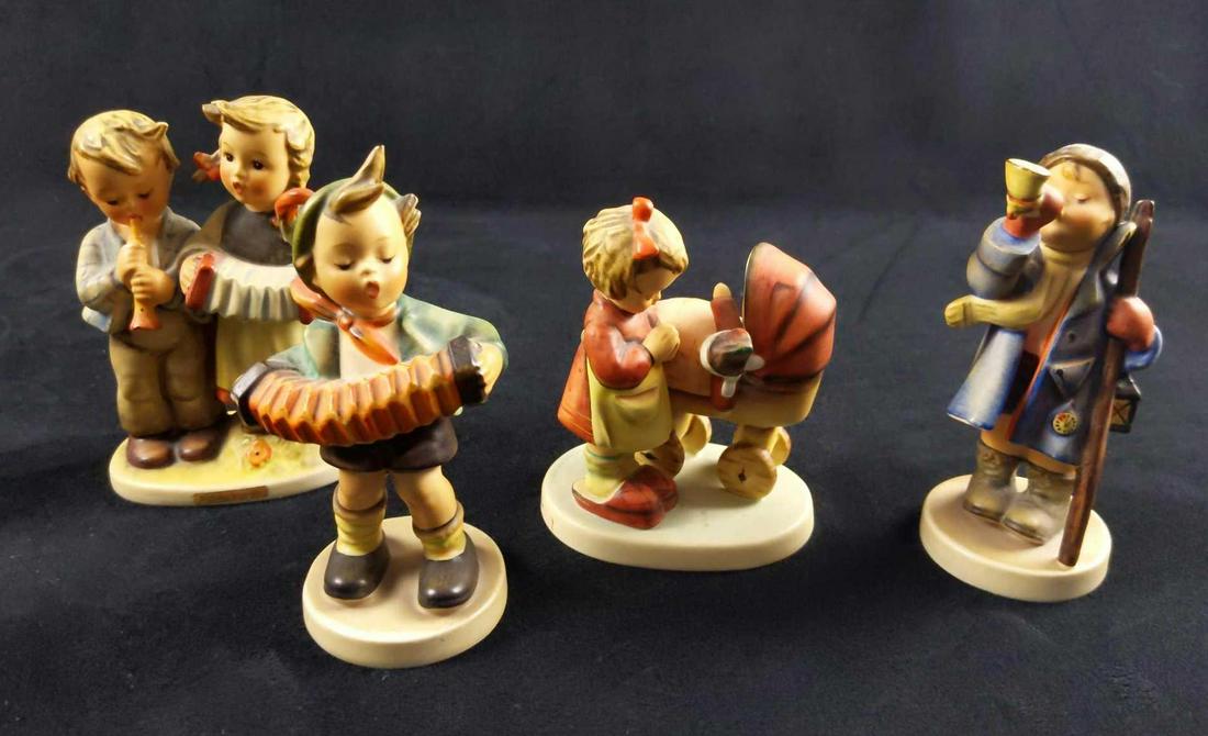 Vintage Hummel Figurine Lot Of Four: Here is a lot of two Goebel Hummel Figurines made in West Germany during the '60s/70's. Hand-painted porous earthenware. This lot includes: (1) Accordion Boy. TMK-3. Is approx 2" x 5". Has some wearin