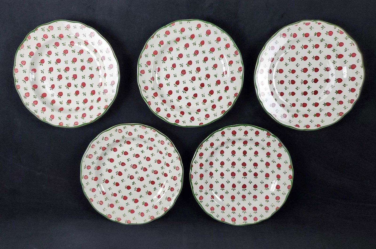 5 Royal Staffordshire Country French Dinner Plates: Royal Staffordshire Bordeaux "Country French" Ironstone dinner plates with scalloped edges and a cream white background with cute little red apples and green leaves. Hand painted porcelain made in Eng