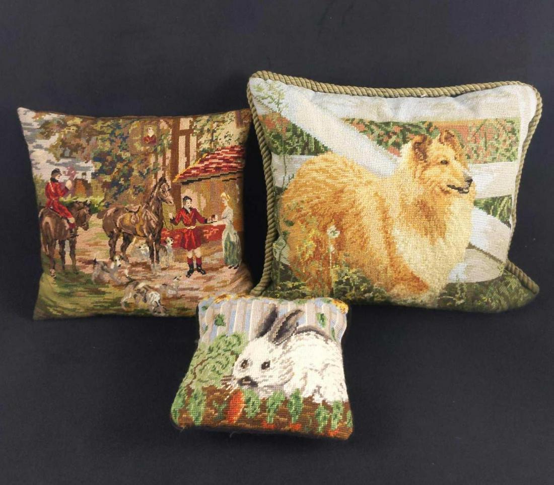 3 Dog Horse And Rabbit Needlepoint Throw Pillows: This lot includes: (1) Collie Dog Throw Pillow. Is approx 17" x 15". Pillow 'border' is loose on the top right and left side. (1) Horse/Hunters Throw Pillow is approx 14" x 14". Pillow is in good cond