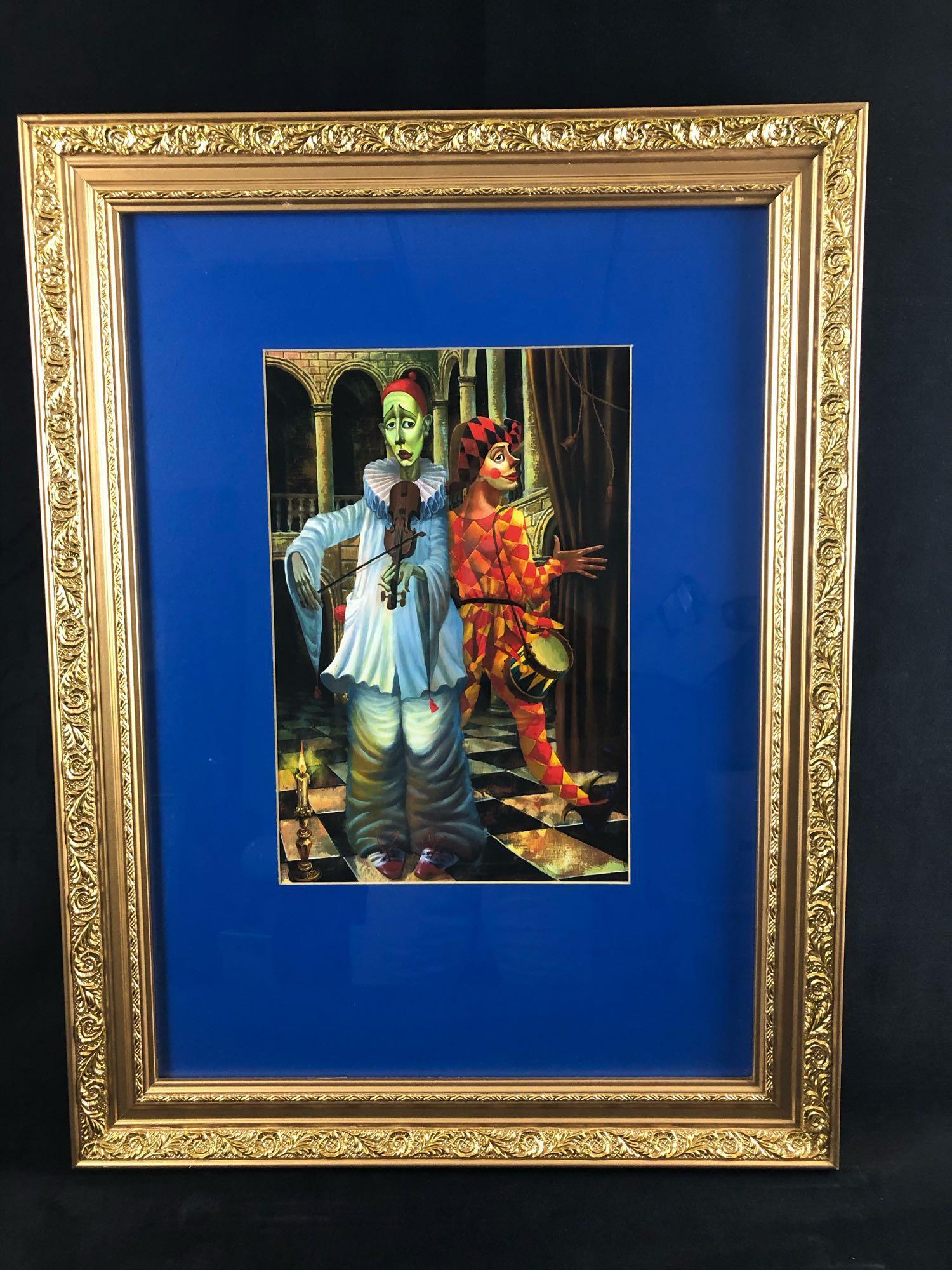 N. Korelov Clown Duo playing Instruments Scene Detailed: N. Korelov Clown Duo playing Instruments Scene Detailed Oil Painting . This amazing detailed matted and professionally framed street scene with very vivid colors is in excellent condition.Frame measur