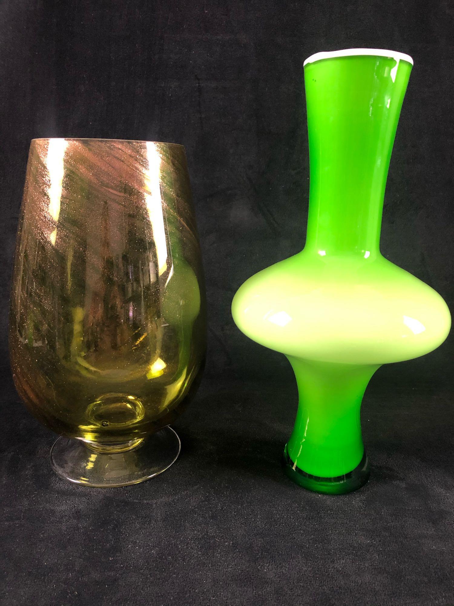 Vintage Lime Green Cased & Bubble Glitter Vases: Vintage Lime Green Cased & Bubble Glitter Vases. These two Unique vases are in excellent condition with no chips or cracks. Green Cased Vase 13 1/2" Tall 3" At Base Green Bubble Glitter Vase 11" Tall 