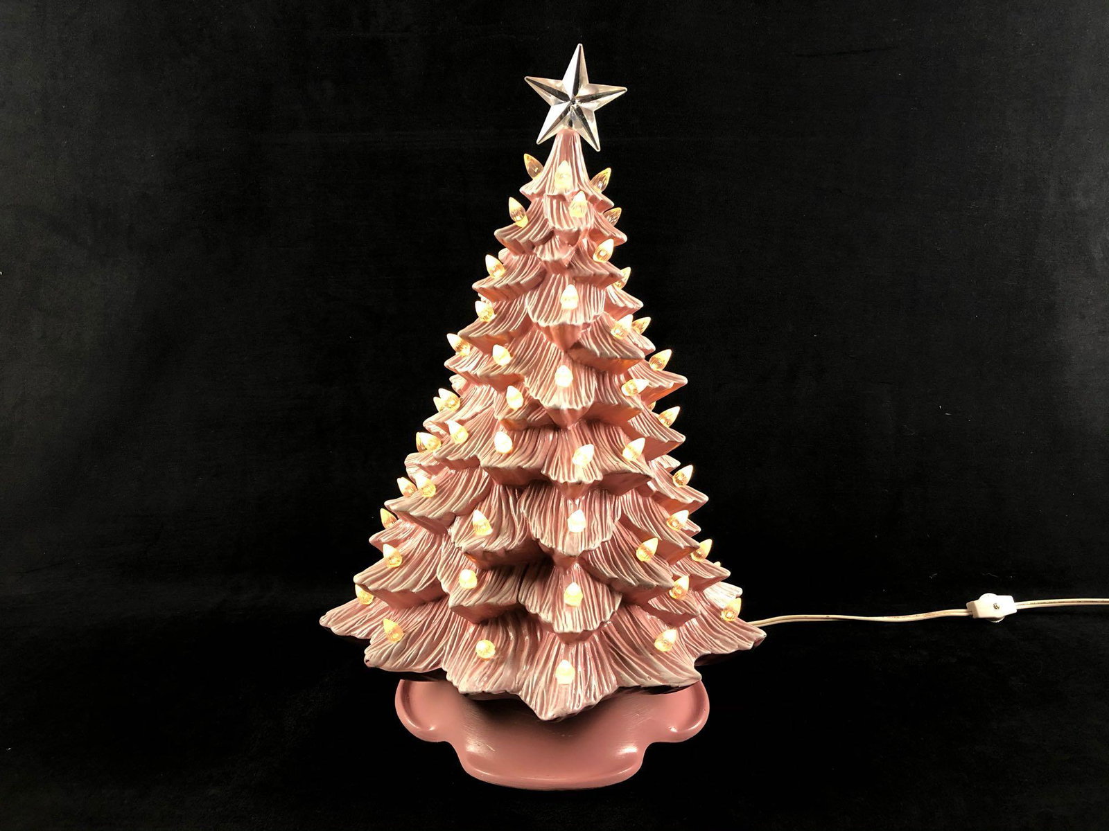 Rare 1988 DHM Vintage Ceramic Pink Light Up Christmas: Rare Vintage Ceramic Pink Light Up Christmas Tree W/Clear Lights . this hard to find piece is in great condition with no chips or cracks in excellent working order. Measurements are 16" tall 12" at th
