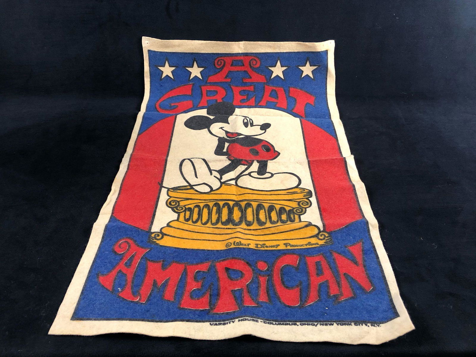 Rare USA Made Mickey Mouse "A Great American" Stars &: Rare Mickey Mouse "A Great American" Stars & Stripes Felt 15 x 26 " Banner.This hard to find banner made at Varsity House Columbus Ohio is in fair condition with some staining as can bee seen in our p
