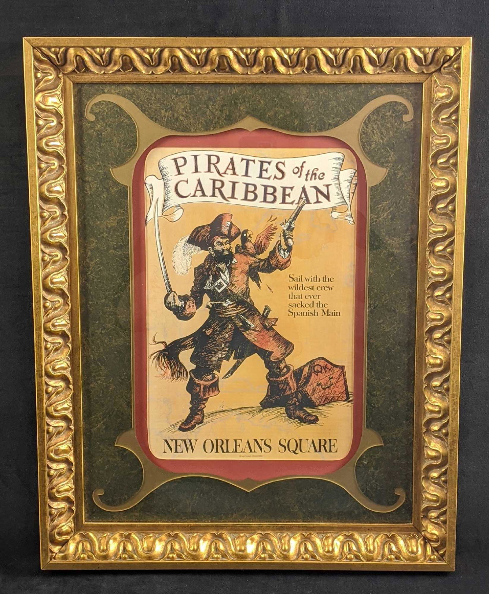Disneyland Pirates of the Caribbean Framed Poster: Here is a classic Disneyland Pirates of the Caribbean mini-poster framed in a gold-colored frame any salty sea-dog wouldn't mind having in his or her's ship. Along with the textured frame, it was doub