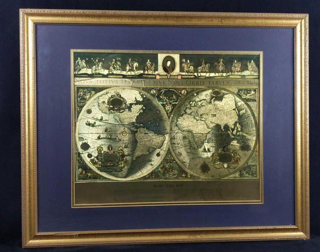 Vintage Gold Foil Blaeu Wall Map Framed: BLAEU WALL MAP OF THE WORLD. Reproduction on golden foil. Framed art is approx 30" x 1" x 25". Print is approx 20" x 16". Frame has wearing and some damage near border. Plex has streaks and print has