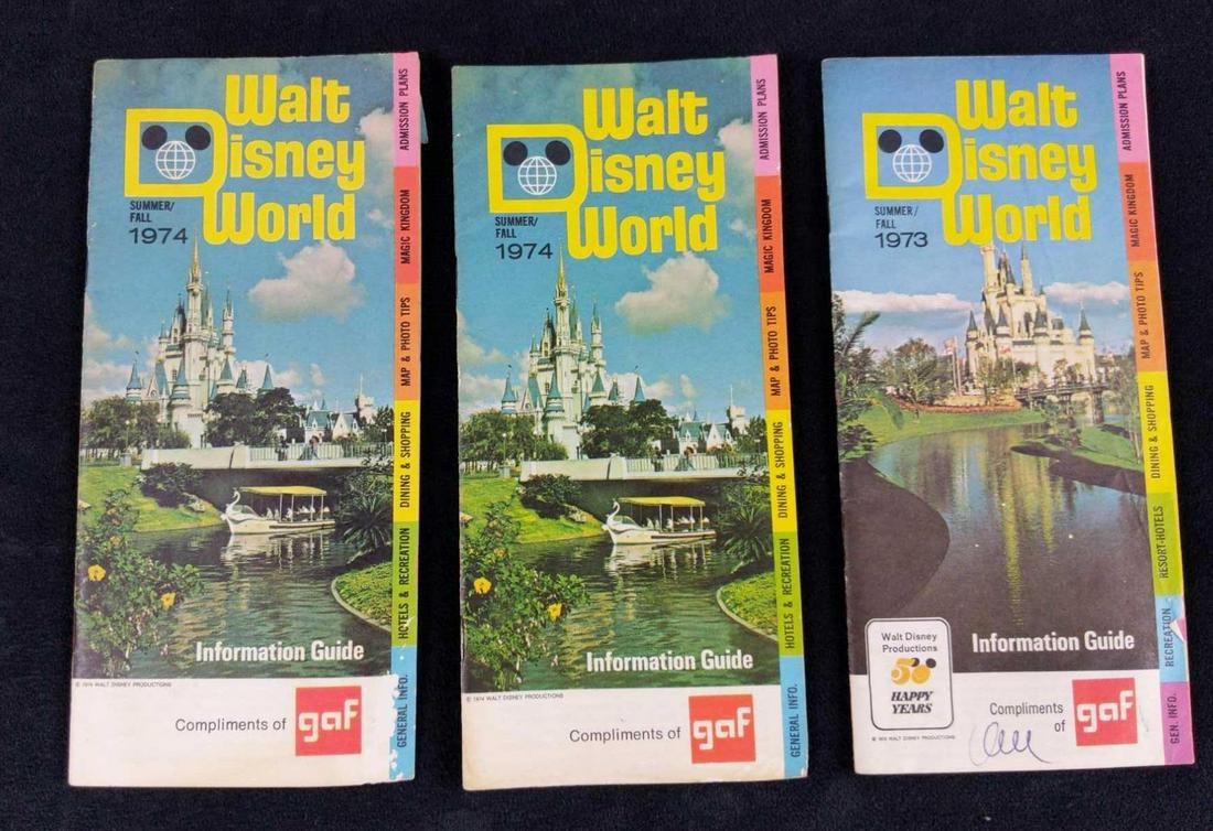 3 1973 74 GAF Rare Vintage Disney World Guide Books: Rare and hard to find vintage (2)1974 and (1) 1973 GAF Walt Disney World Summer/Fall Guide books. Books are approx 4" x 8". Guide books are in good. vintage condition with some wearing/minor tearing a