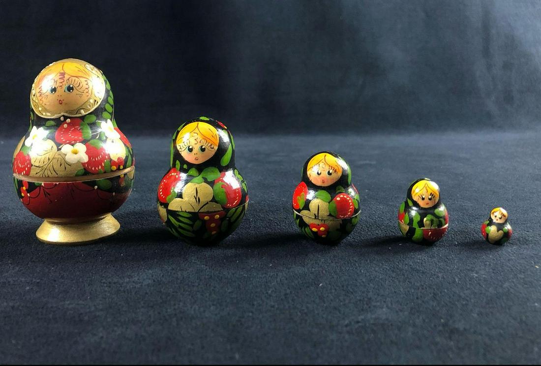 Vintage Russian Matryoshka Wooden Nesting Stacking: Vintage Russian Matryoshka Wooden Nesting Stacking Dolls Red Black Gold Paint Souvenir One set of 5 vintage Russian Matryoshka wooden, nesting, stacking dolls. Features include delicate details, gold 