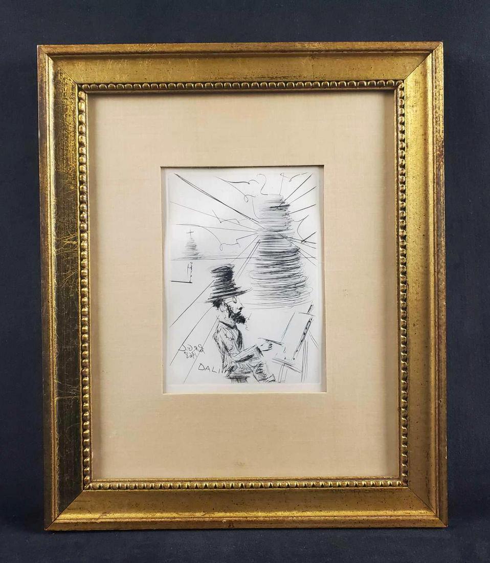 Toulouse Lautrec Self Portrait Etching by Salvador Dali: Salvador Dali (Spanish, 1904-1989), "Toulouse-Lautrec" self portrait etching. Matted in beige linen and framed in a brass colored vintage frame. Authentication through Nouvelle Gravure International o