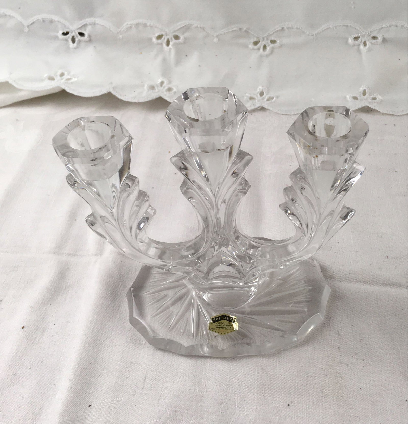Hofbauer Genuine Lead Crystal Candelabra: Hofbauer Genuine Lead Crystal Candelabra; Hand cut in Western Germany. No chips or scratches and it measures at approximately 6 3/4" H x 6 1/2" W.