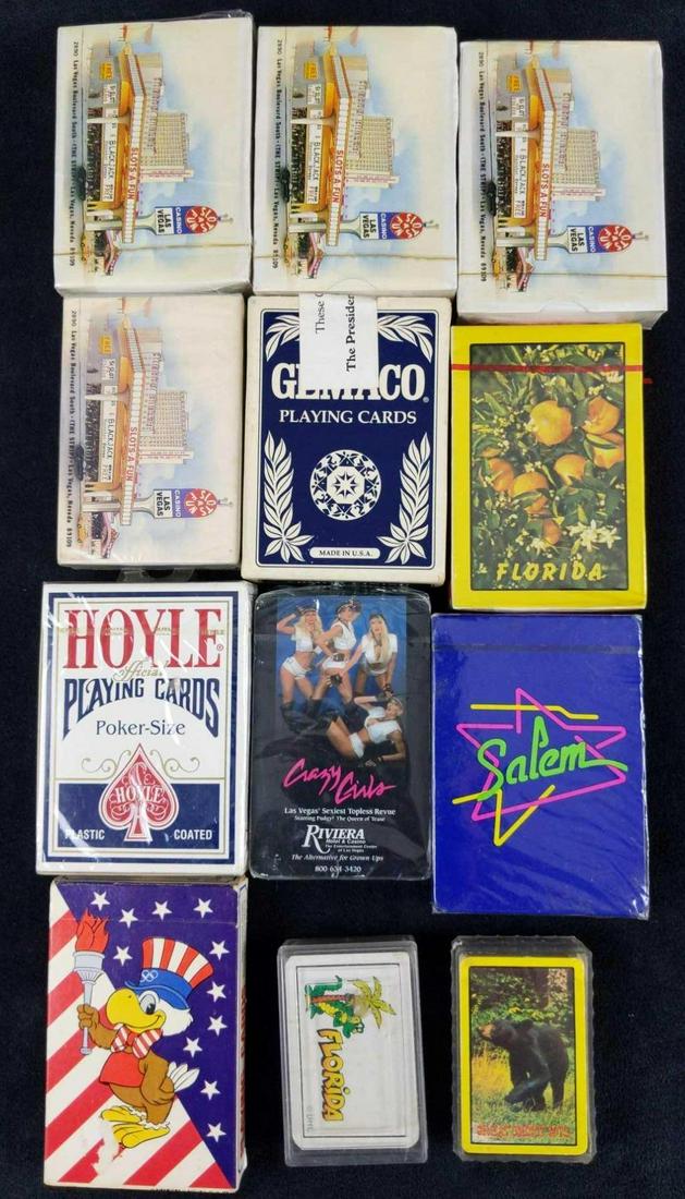 Assorted Vintage Playing Cards Lot Of 12: This lot includes different packs of playing cards. Packs are unopened unless mentioned below: (1) Florida "A Class Plastic Coated Souvenir Playing Cards". (4) Slots A Fun Las Vegas Casino Playing Car