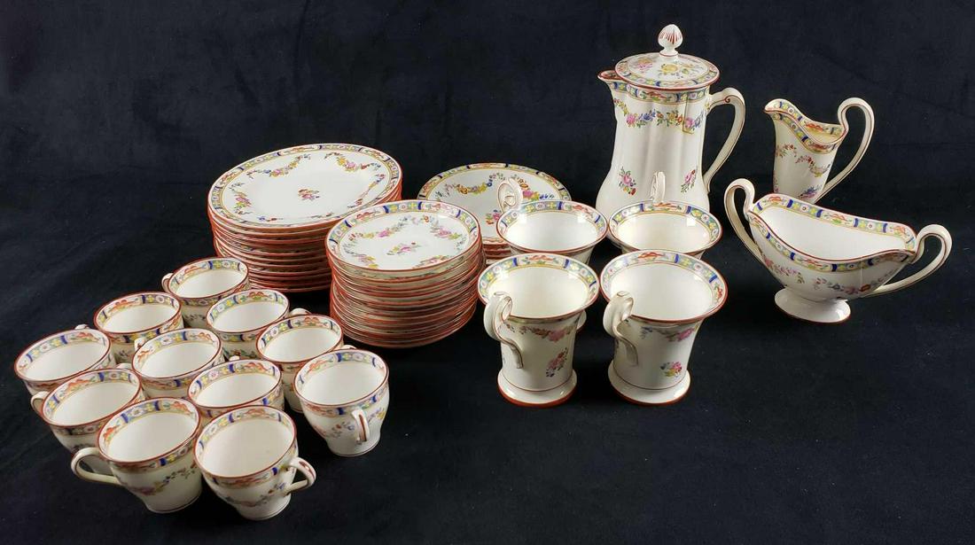 Set of 42 Minton Rose China Pieces: Set of 42 Minton Rose China Pieces. This set is in good condition. There are some items with dicoloration and cracks (see photos for condition). Items include: 10 demitasse cups (2"H) 12 demitasse sau