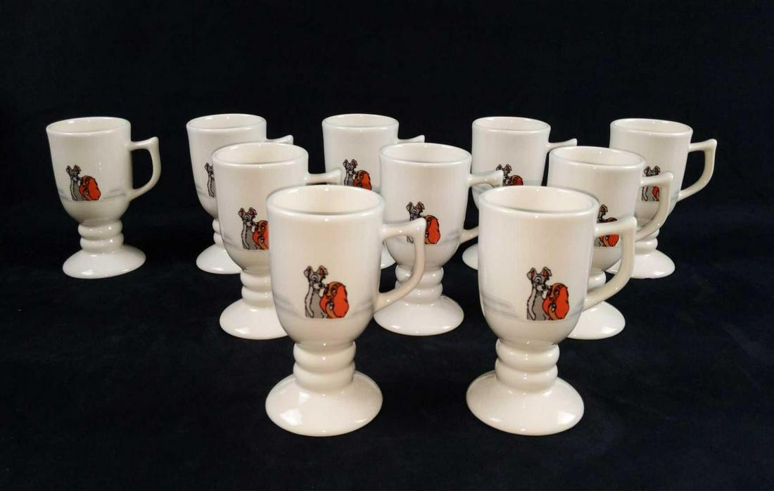 10 Vintage Disney Lady And The Tramp Buffalo Mugs: Vintage (the 1980s) Lady and the Tramp Buffalo China Irish style coffee from Tony's Town Square restaurant in Disney World. Mugs are approx 4" x 3" x 6". Mugs are in good, vintage condition with one m