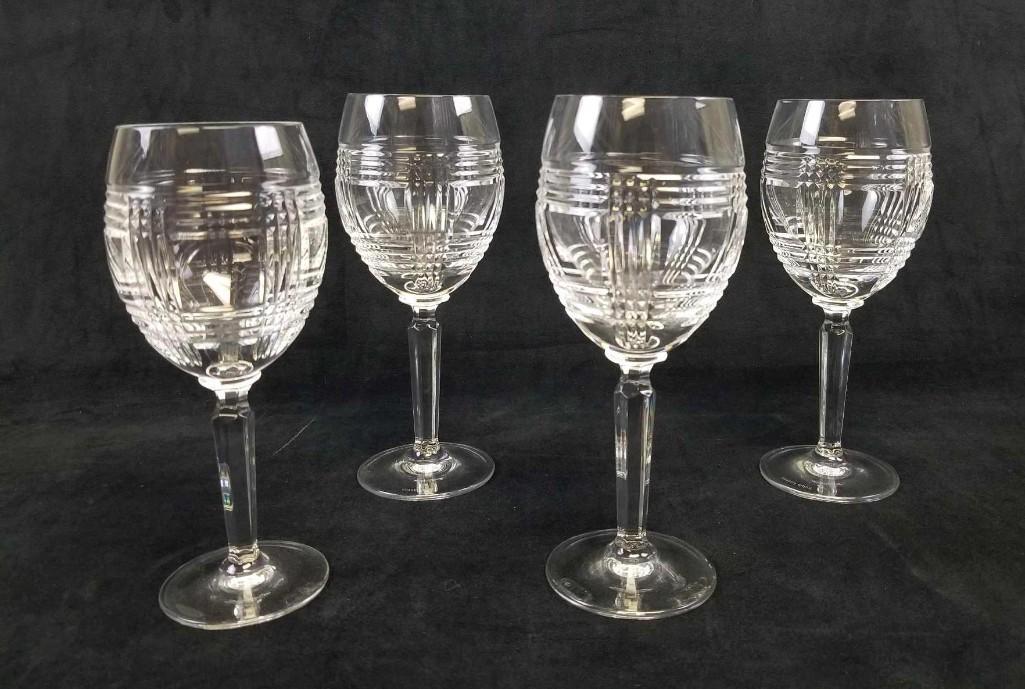 Four Ralph Lauren Glen Plaid Crystal Wines Glasses: Four retired Ralph Lauren Crystal Wine Glasses featuring the classic Glen Plaid pattern. Great condition with no known chips or scratches. These glasses display clear and clean crystal with crisp fine