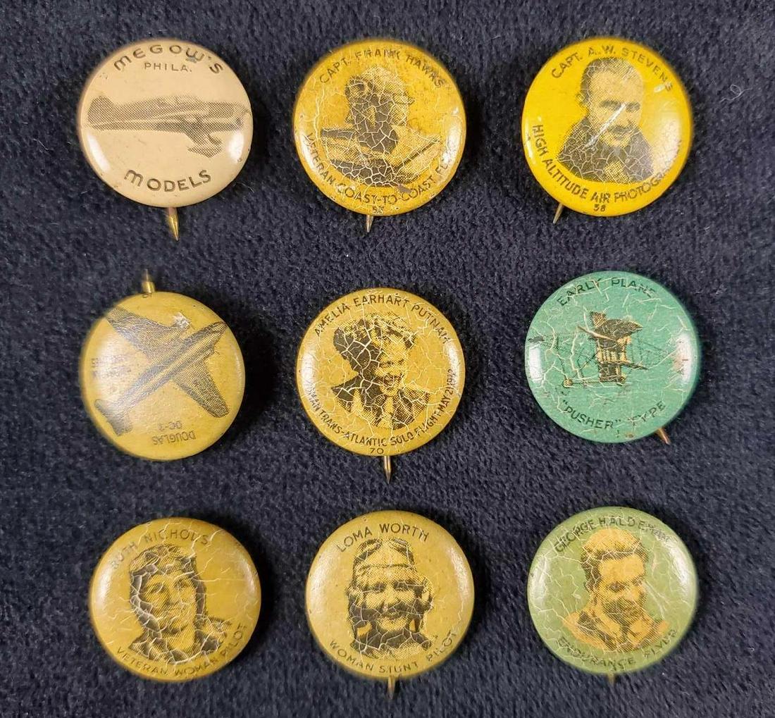 Lot of 9 1930s Greenduck Aviation Pins: This lot of 9 1930's Greenduck aviation pins are in vintage condition with much crazing, chipping, rusting, and dents. They measure approx. 3/4"D. This lot would make a great addition to a plane colle