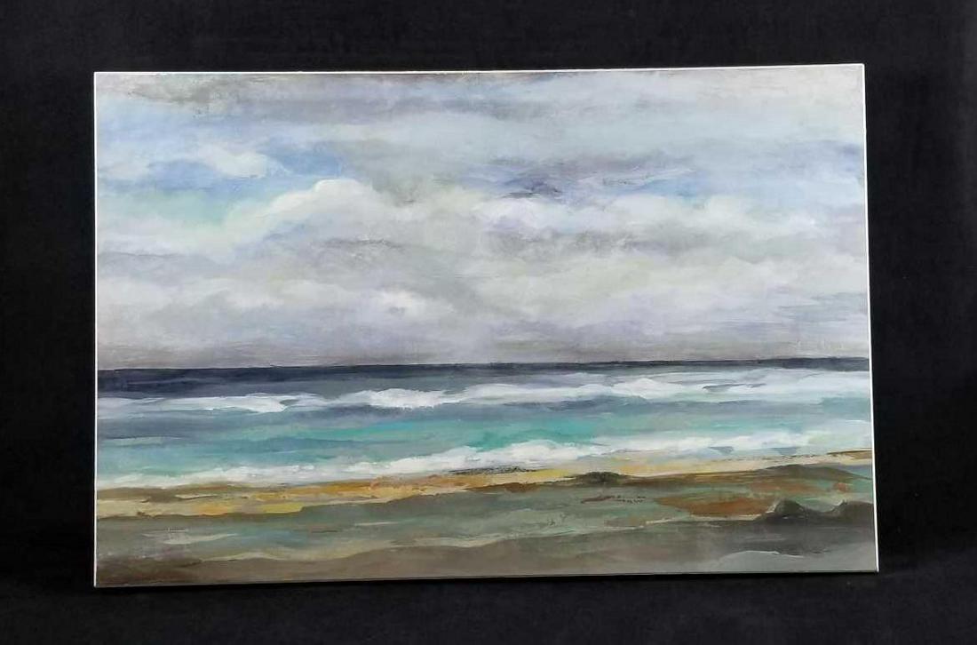 Nautical Seashore by Silvia Vassileva Wood Print: This lot is a Siliva Vassileva's "Seashore" painting printed on wood. It is good condition with a minor corner bend on the lower right hand. The outer edges have surface scratches in the white paint. 