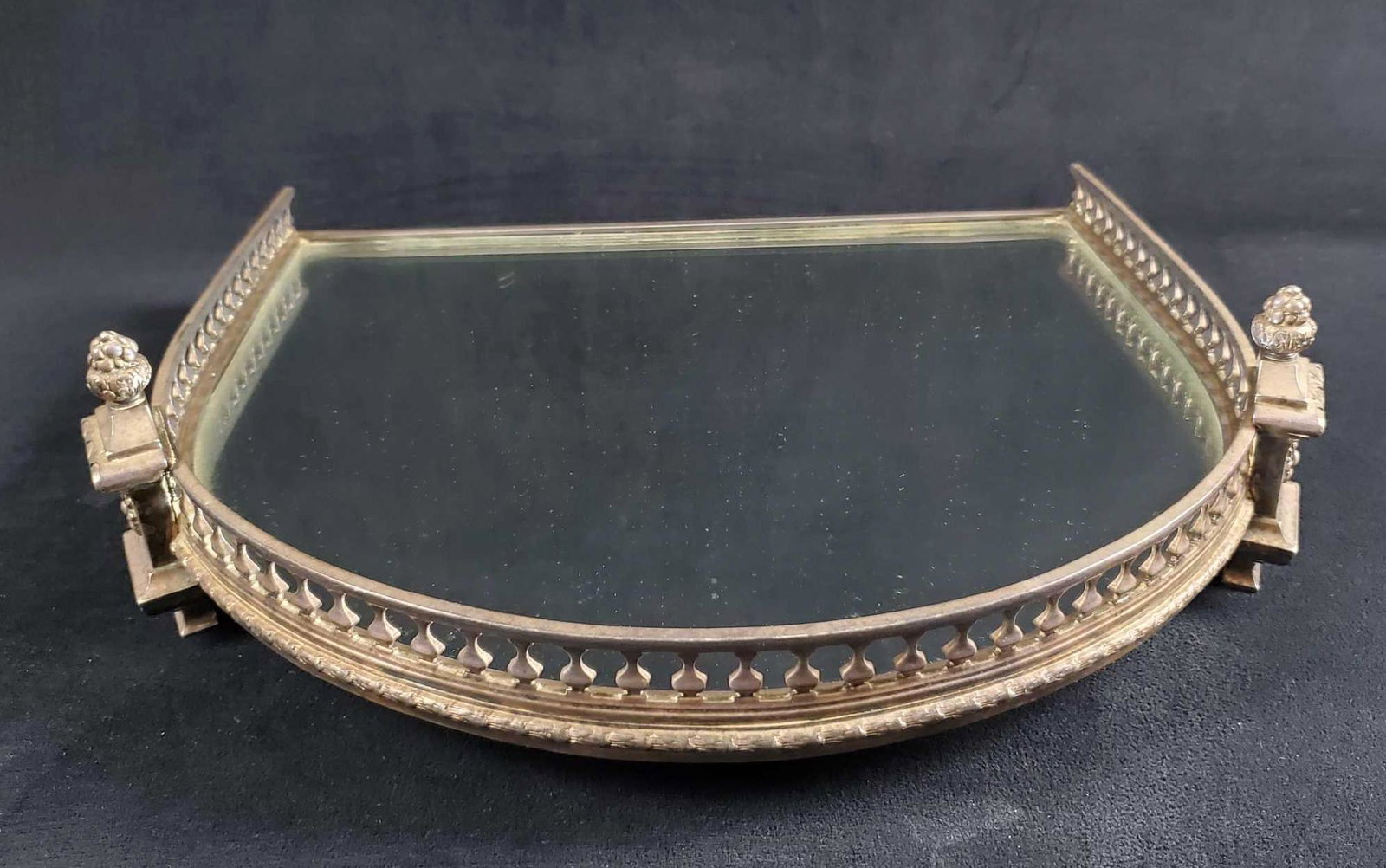 Vintage Silver Plated French Mirror Perfume Tray: This is a vintage French silver-plated catenary arch shape footed mirror/vanity dress perfume tray. Is approx 14" x 13" x 2". The tray is in good, vintage condition with some light tarnish on the silv