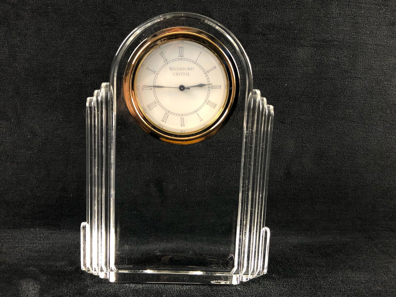 Waterford Germany Art Deco Modernist Style Metropolitan: Waterford Germany Art Deco Modernist Style Metropolitan Crystal 7" Mantle Clock. This clock is in excellent condition in need of battery. Measurements are 7" tall 5" at base 4.5 lbs