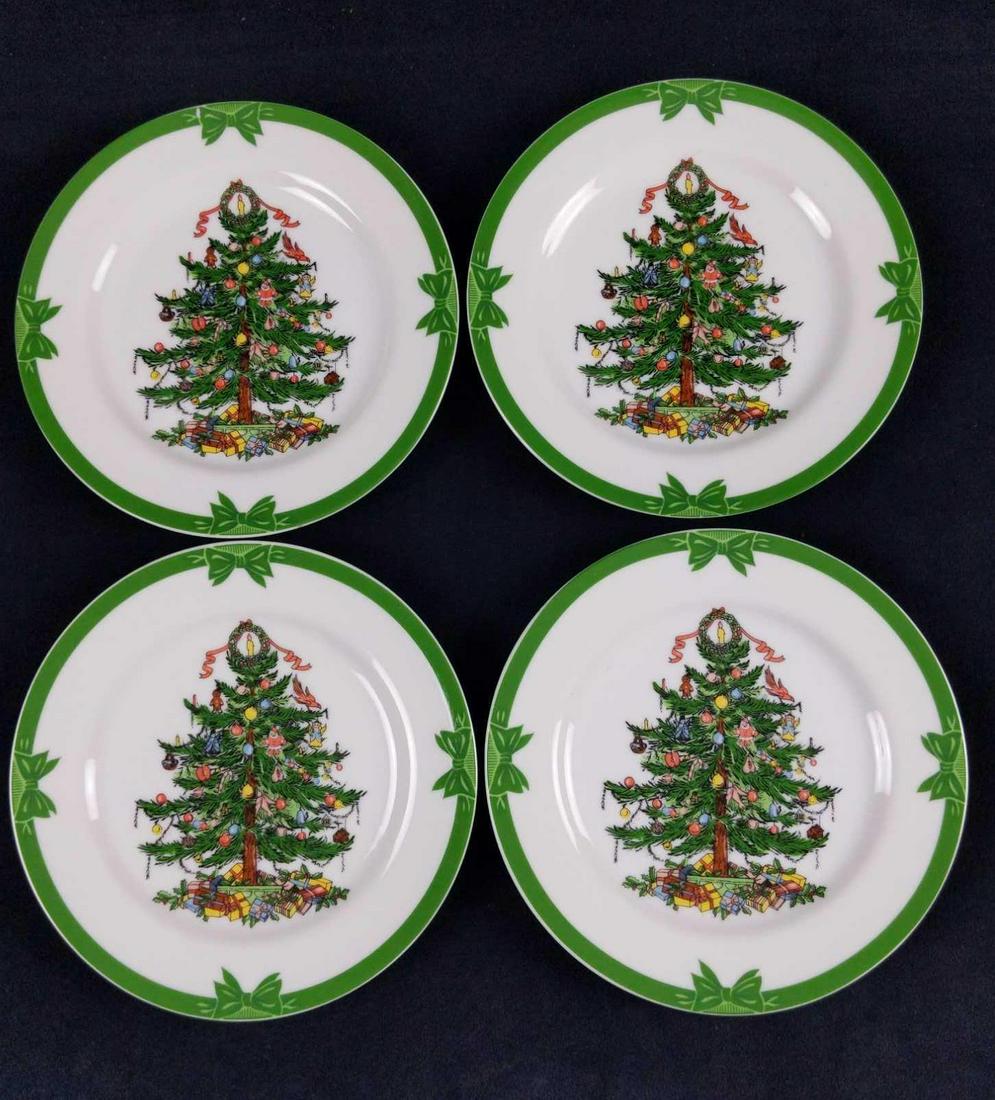 Four Georges Briard Yule Tide Dessert Plates: Four hand-painted (the image is pressed, the colors are hand-painted.) porcelain plates by Georges Briard from his "Yule Tide" series. Perfect for leaving cookies for Santa on! Plates are approx 7 1/2