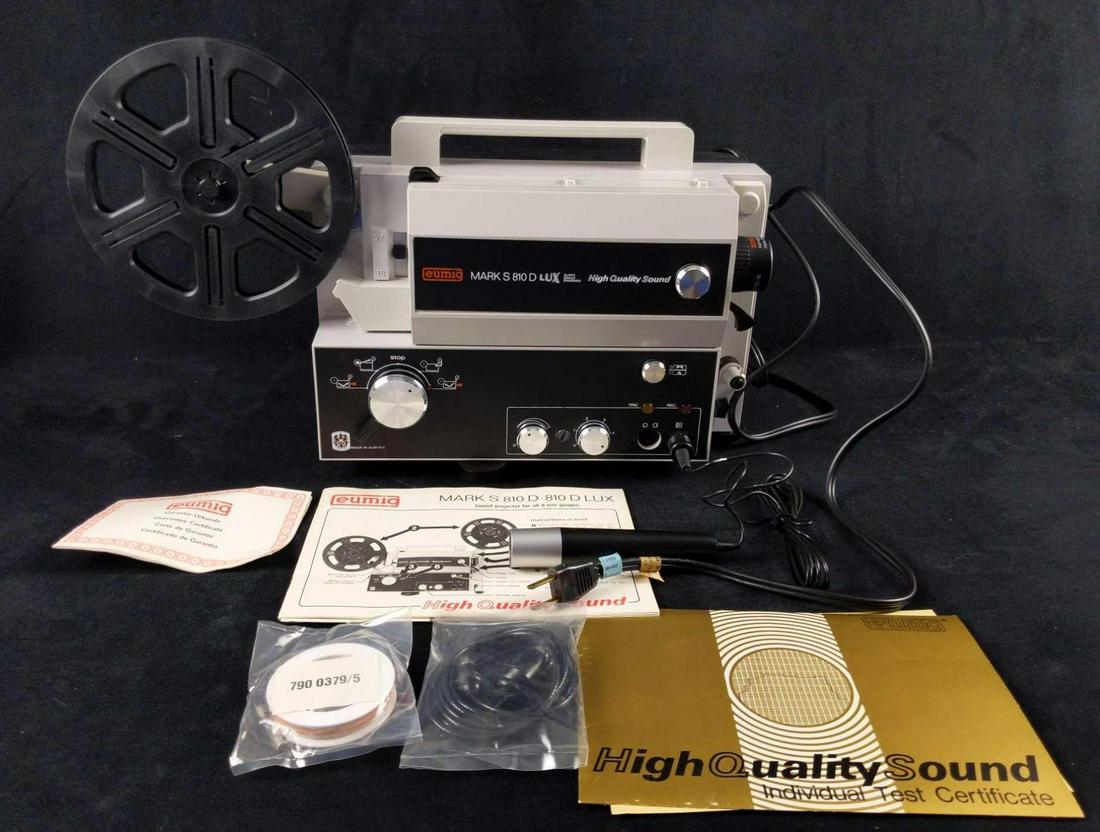 Eumig S 810D High Quality Sound 8mm Film Projector: Eumig Mark S 810D High Quality Sound 8mm Film Projector. A dual gauge sound projector. Plays Super8/Single8 and standard 8. Lens: Vario Eupronet 1,3/15-30 mm. Halogen lamp 12 V/100 W type EFP. Sound: