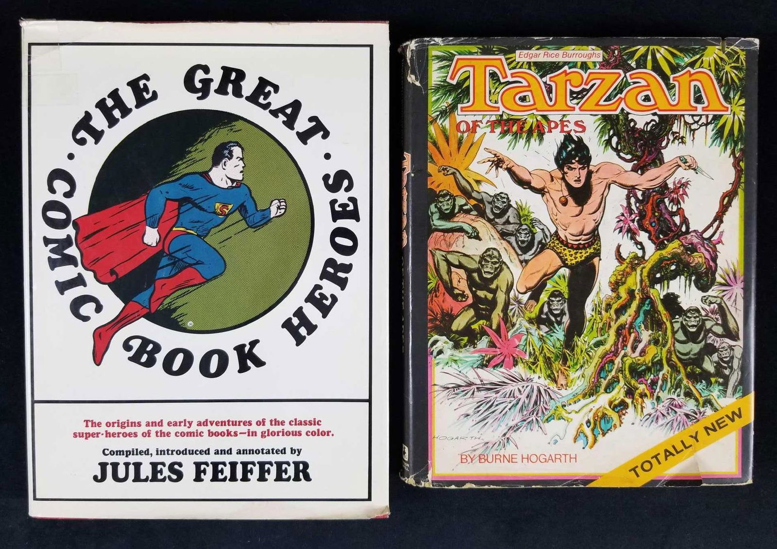 The Great Comic Book Heroes by Jules Feiffer and Tarzan: This lot of 2 Awesome hero books consists of: (1) The Great Comic Book Heroes by Jules Feiffer. Hard Cover book. Published in 1969 by Bonanza Books. The dust cover has some shelf life wear and the pag