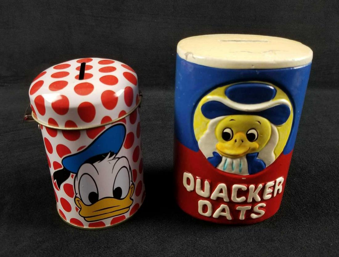 Vintage Disney Donald Duck Tin Bank WIth Lock And: This lot includes: One Vintage "Quacker Oats" ceramic piggy bank. Bank is in good, vintage shape with some scuffs/sticky residue on top and a minor crack on the top left. Bank is approx 4" x 2" x 5".