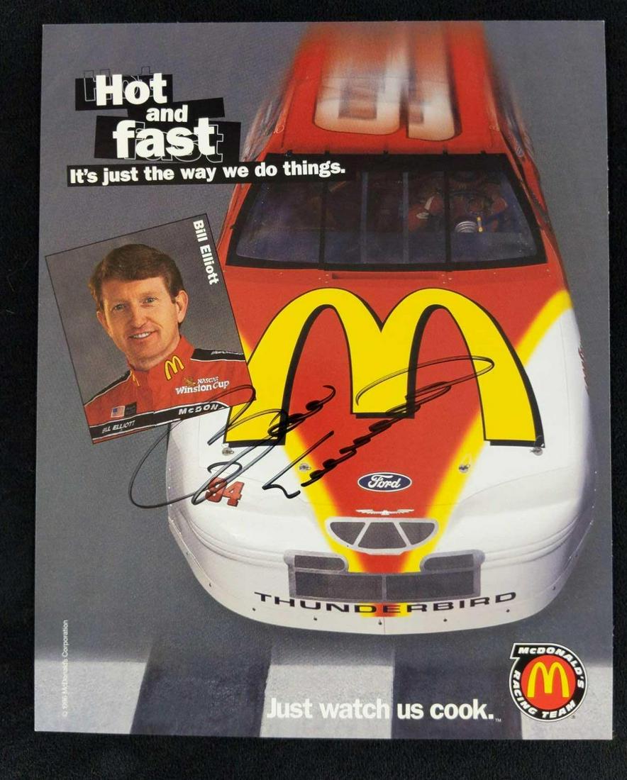 Autographed Bill Elliot Publicity McDonalds Print A: Autographed Bill Elliot bio card from McDonald's. Is approx 8" x 10". Card and autograph are in good, used condition with no known damage. Please note, this does not come with a COA and was acquired b