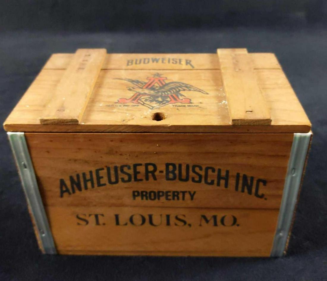 Vintage Anheuser Busch Wooden Mini Bud Beer Crate: Vintage Budweiser Mini Replica Wood Beer Crate. This makes a perfect trinket, recipe, jewelry, or any kind of storage for small items. Box is approx 6" x 4" x 4". Is in good. used condition with some