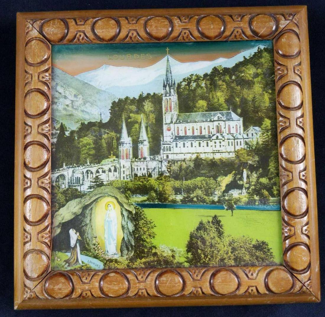 Vintage French Music Box Lourdes: A music box that can be hung like a painting or placed on a table like a traditional music box. Has a view of the Catholic Church of Lourdes City in the South Pyrenees region of France, Song, and musi