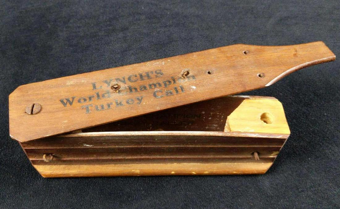 Vintage Lynch World Champion Turkey Box Call: Vintage Lynch World Champion Turkey Box Call. Unique two-sided construction lets you create hen sounds on 1 side and gobbler calls on the other. Dated 1958. Is approx 9" x 2"x 2". Is in good, vintage 