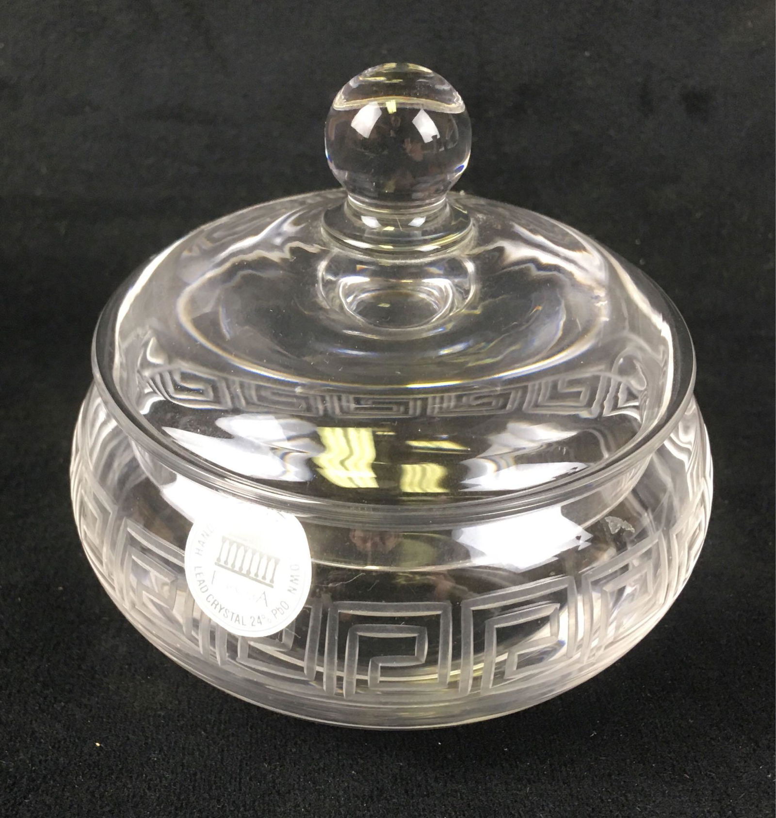 Hand Blown Cut Glass Lidded Candy Dish Trinket Dish: Hand Blown Cut Glass Lidded Candy Dish, Trinket Dish; a very clean piece, the cut design shows a classical shape. Teh affixed label shows "lead crystal 24%". The dish and lid are in excellent conditio
