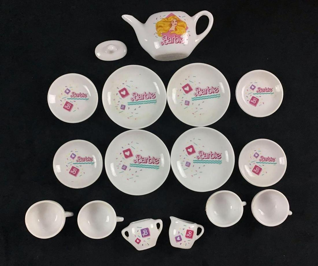 Vintage 1980s Porcelain Barbie Mini Tea Set: This is a Barbie collectors item. They say Barbie with little emblems scattered around. This is a mini set, please see the end of the description for measurements.They are in good condition with some