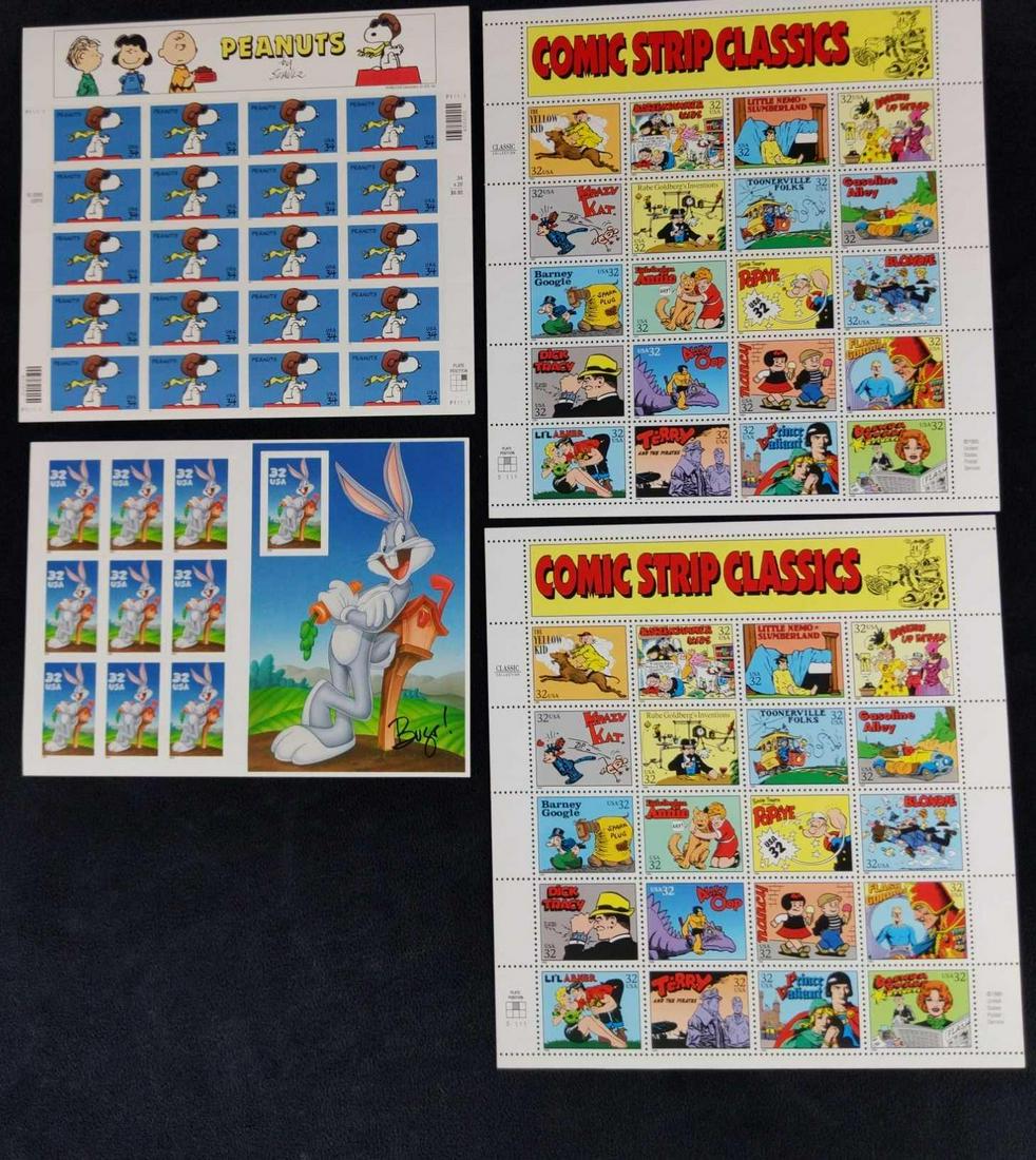 Four Comic Strip Cartoon Character Uncut Stamp Sheets: This lot includes: (1) Bugs Bunny 10 32 Cent Stamp Sheet. (1) Peanuts/Snoopy 20 34 Cent Stamp Sheet. (2) Comic Strip Classics 20 32 Cent Stamp Sheet. Bundle is approx 7" x 8". Stamps are all in good, 
