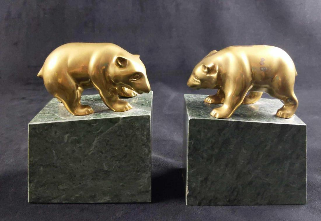 Vintage Gatco Solid Brass And Marble Bear Bookends: Two Solid Brass Bears on green marble bases. Made by Gatco in the 1980s. Bookends are approx 5" x 3" x 6 1/2". Bears are in good, vintage condition with some tarnish due to age. There is only one very