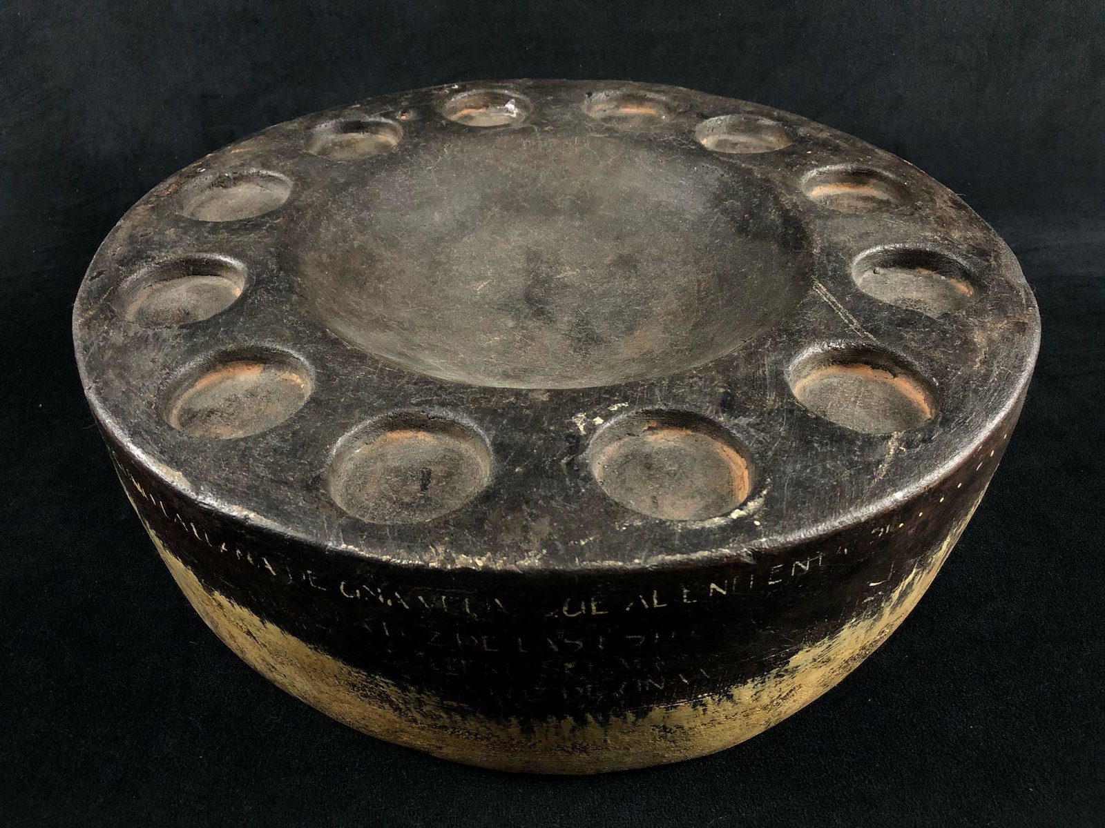 Antique Unique Glazed Spanish Cooking Pottery Stone: Antique Unique Glazed Spanish Cooking Pottery Stone wear. This unique piece is in very good used condition with sighs of wear. Spanish writing along the sides refer to a poem about candle light ? .Ple