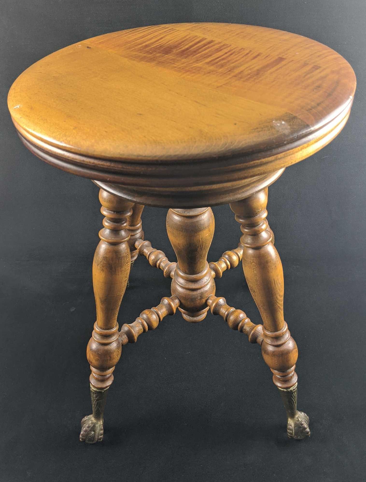 Vintage H Holtzman And Sons Adjustable Wood Stool: Antique Pat. 1908 Piano Stool H. Holtzman & Sons Glass Ball & Claw Feet Piano Stool. It has a few scuffs an dings on top the seat and there are some cracks/bumps on the glass balls due to wear. Seat s