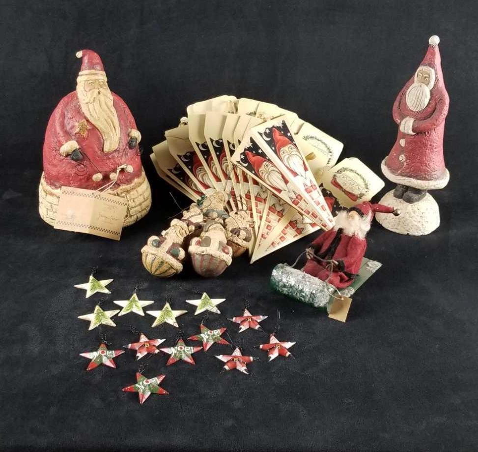 Santa Christmas Decor Ornaments: This Santa lot contains: 1- Large Johanna Parker Jolly Santa. Approx. measures 6" diameter x 9 1/4" 1- Slender Santa- painted chipped on arm. Approx. measures 4" diameter x 10 1/2" 1- Santa Slyder by 