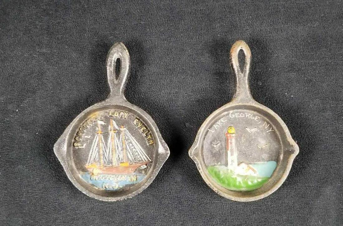 Vintage Mini Cast Iron Skillet Hand Painted Lighthouse: This lot contains 2 vintage 3"x5" mini cast iron skillets. Used as wall hanging or ashtrays. One has a lighthouse with "Lake George, N.Y." and the other has a old sail ship with "Schooner Lucy Evelyn 