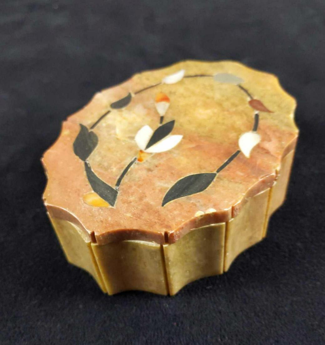 Vintage Soap Stone Trinket Box From India: Here is a lovely hand carved, vintage trinket box made of Soapstone. Box is approx 3" x 4". Is in good, used condition with some wearing on box. Made in India.