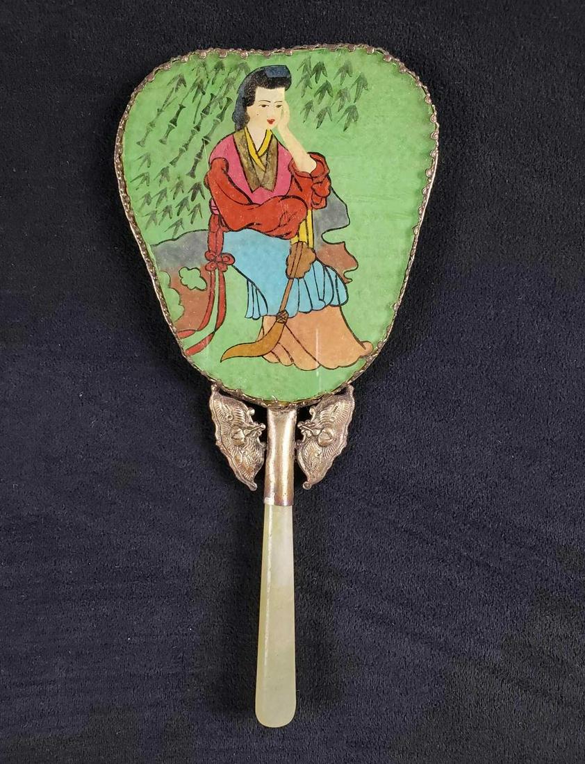 Jadeite Chinese Glass Chinese Mirror B: Jadeite Chinese Glass Chinese Mirror B. The handle is jade and the frame is a silver plate with an ornate design. There are no known chips or cracks in the mirror. The box has some known signs of wear