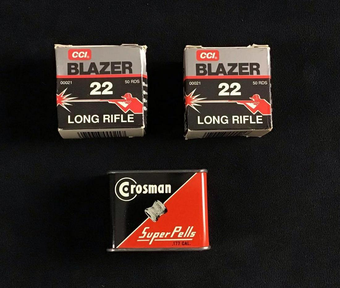Blazer 22 Long Rifle .177 Crosman Super Pells Lot of 3: This listing consists of the following; (1) Blazer 22 Long Rifle 23 rounds, Range 1.5 miles. Approximate measurement for box: 2''x 1 1/4''x 2'' (1) Blazer 22 Long Rifle 44 rounds, Range 1.5 miles. App