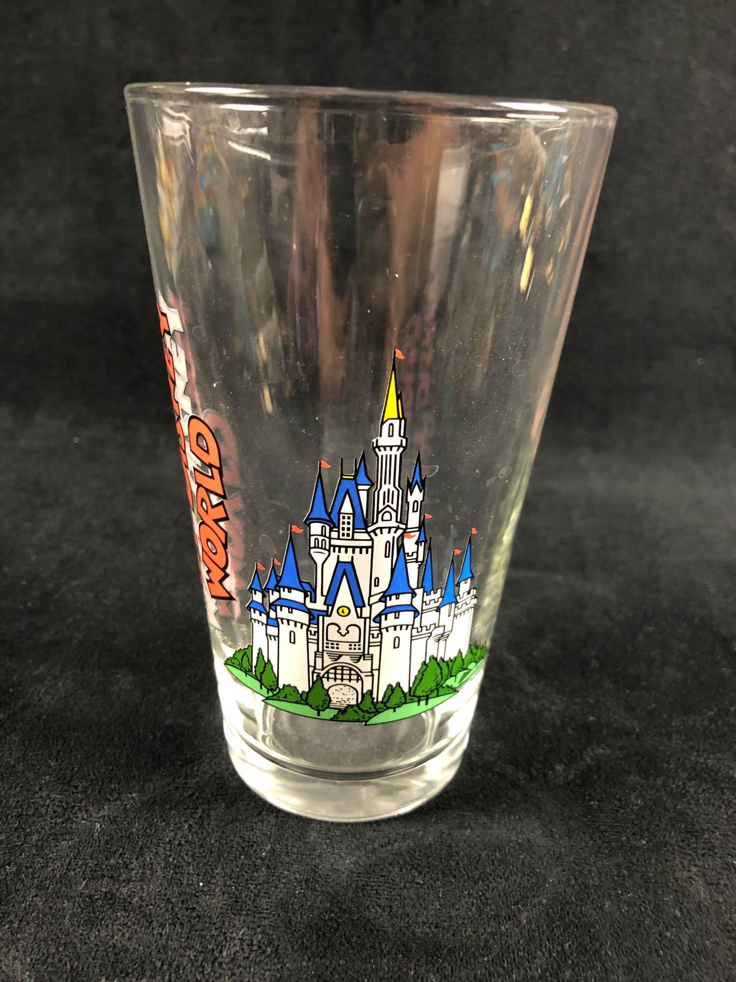 Vintage Walt Disney World Castle Glass Cup Printed Pint: Vintage Walt Disney World Castle Glass Cup Printed Pint Color Decorative and functional everyday use with a 16 ounce capacity and an easy to hold shape. The thick glass pint gives the item some weight