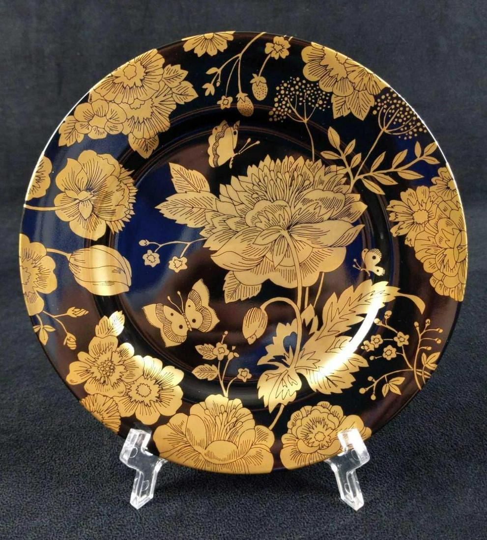 8 Fitz Floyd Gold Brocade Fine China Salad Plates: Vintage Gold Brocade by Fitz & Floyd fine china salad plates. Plates have an rather unique gold floral on black design. Plates are approx 7 1/2" x 7 1/2" x 1". Plates are in good, vintage condition wi