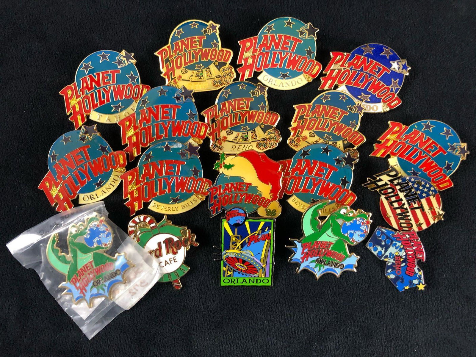 A Lot of Vintage 18 Planet Hollywood Orlando Beverly: A Lot of Vintage 18 Planet Hollywood Orlando Beverly Hills Tahoe Reno Pins Florida Nevada These Planet Hollywood pins are in overall great condition with no known damages. This lot features: (1) 6 var