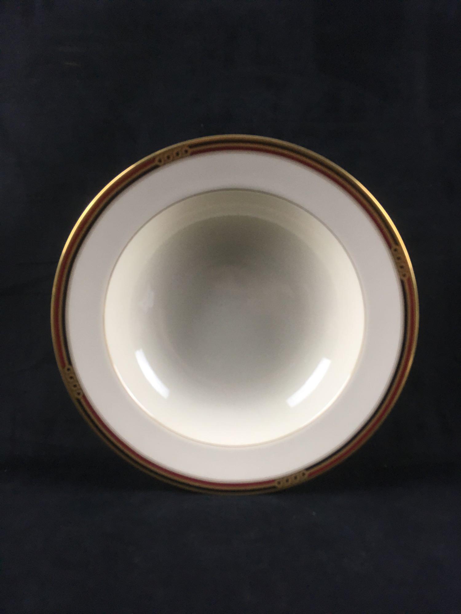 Vintage Oscar de la Renta Fine Ivory China Serving Bowl: Vintage Oscar de la Renta Fine Ivory China Serving Bowl, Marked; this piece is the red and black Insignia pattern. The bowl is in excellent condition showing a bright smooth finish. The accents a stro