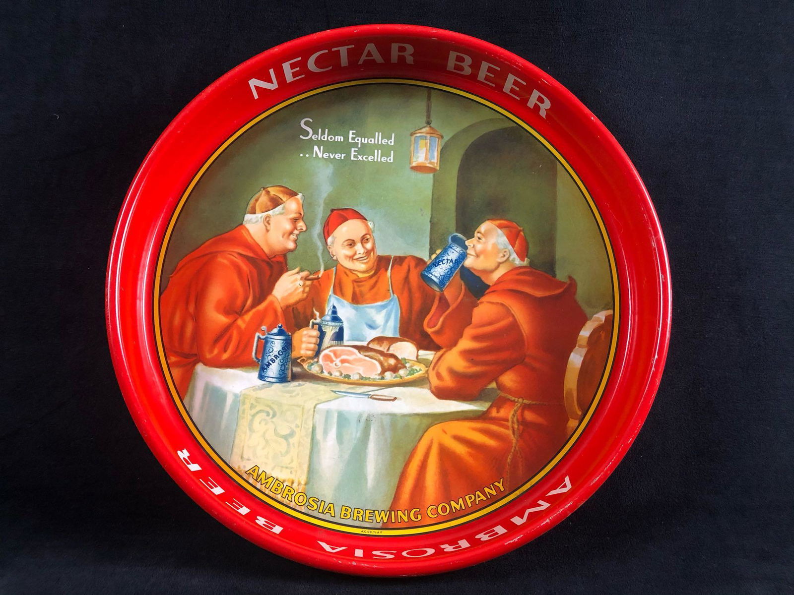 Vintage Ambrosia Brewing Nectar Round Metal Beer: Vintage Ambrosia Brewing Nectar Round Metal Beer Advertising Tray.This authentic tray is in very good condition with a few minor scrapes. Measures 13" round 1 3/4" wide