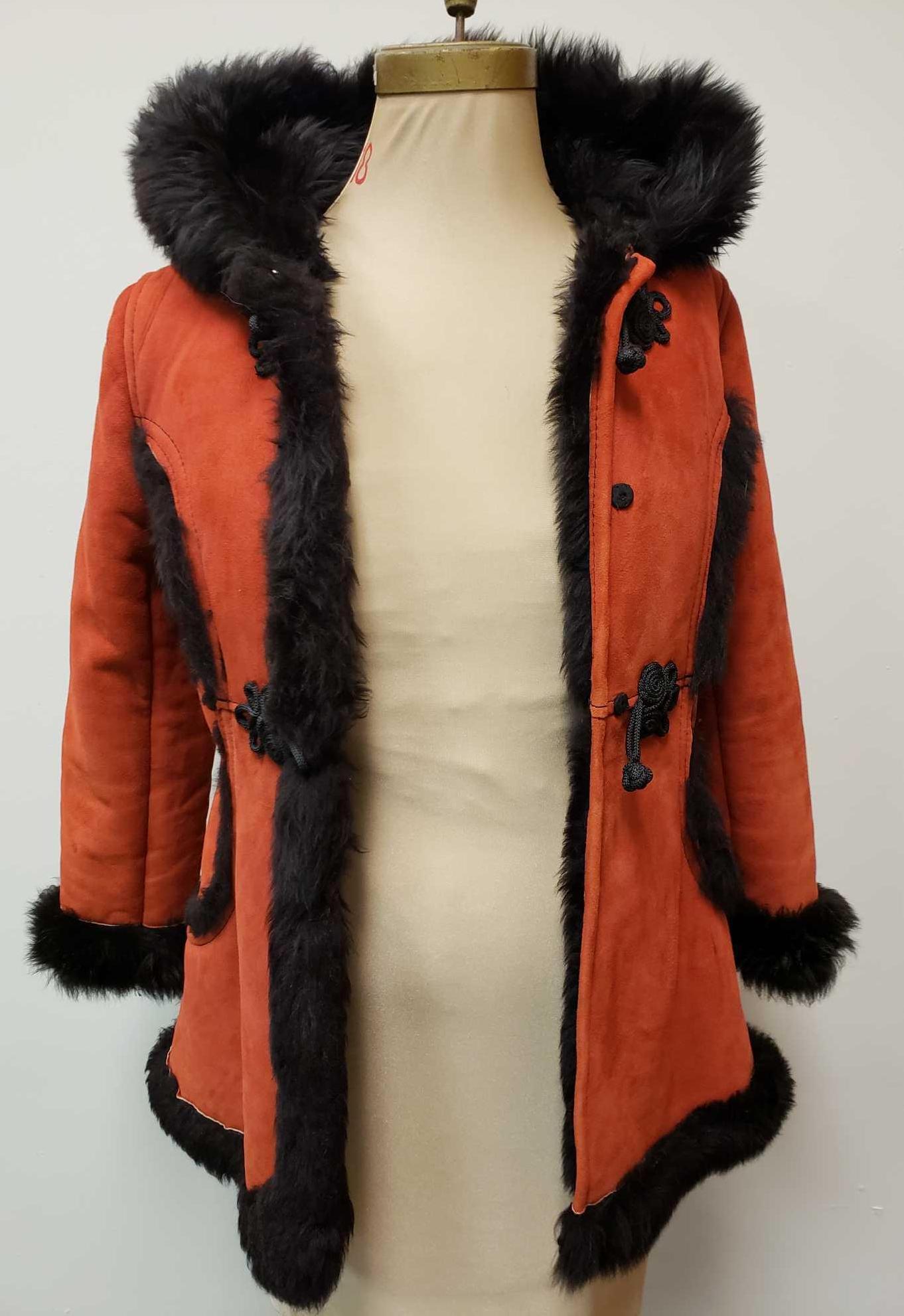 Red Shearling Fur Coat with Hood and Wool Lined (1 of 7)