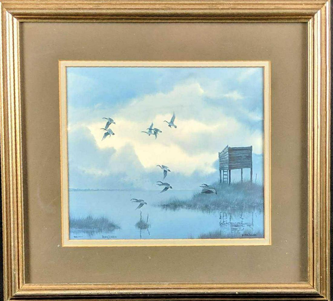 Framed Herb Jones Signed Litho Fishing Shack: Signed litho of a duck-blind and some ducks by Herb Jones. Framed art is approx 16" x 2" x 14". Print is approx 9 1/2" x 8 1/2". Framed art is in good, used condition with some wearing/chips on the fr