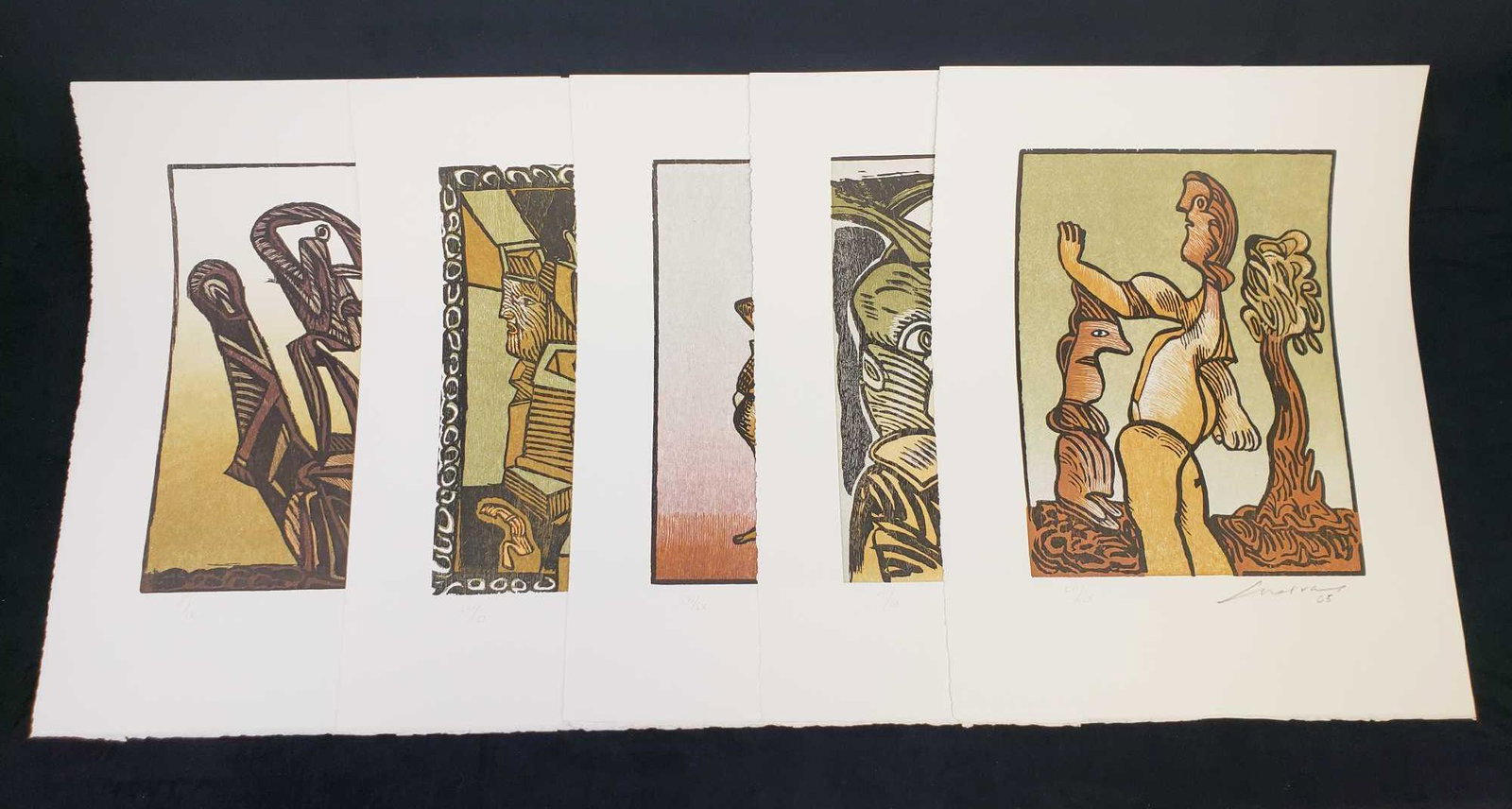 Jose Luis Cuevas, Wood Engravings: Jose Luis Cuevas, 1934-2017, from New York/Mexico Series of five images, "Suite Fantasams del Centro Historico I-V" Each is limited edition, 56/60. Each is embossed with a seal, artist signature, date