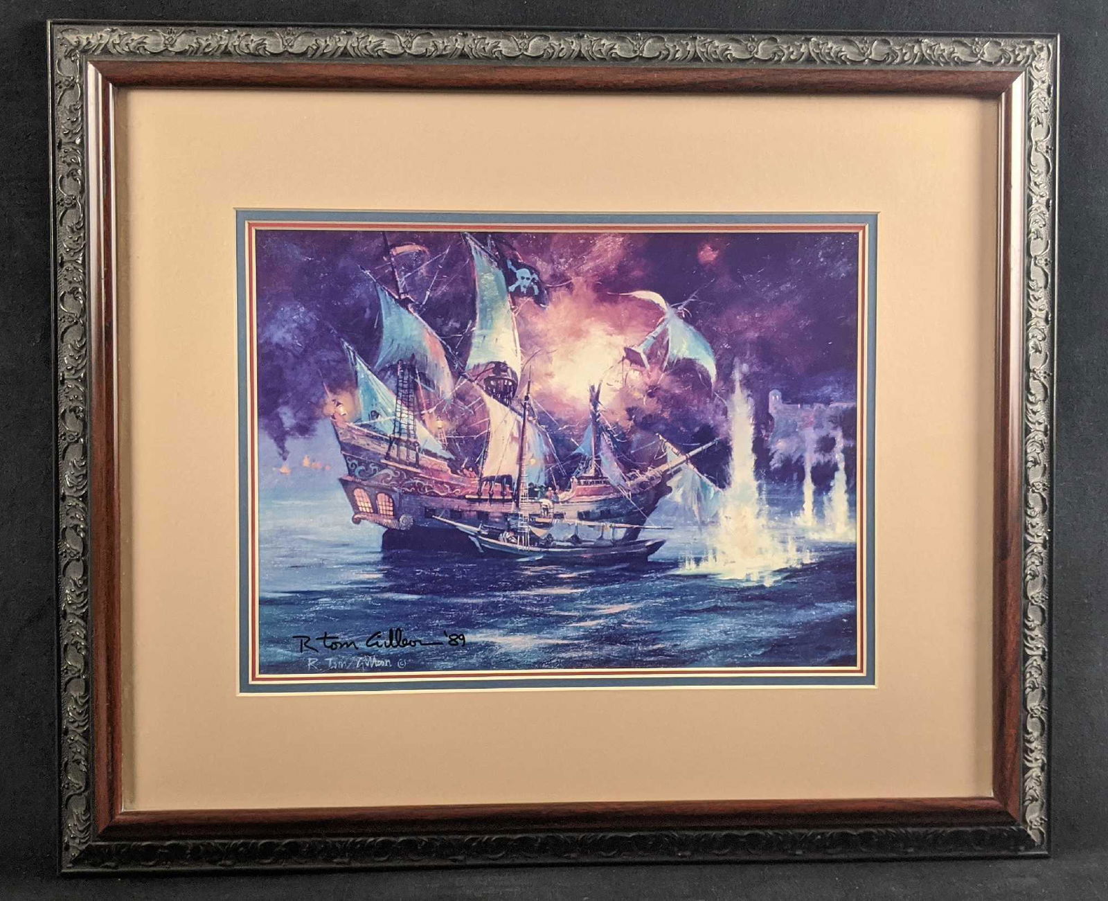 Disneyland Pirates of the Caribbean Signed Print: Rare Vintage Disneyland Pirates of the Caribbean print signed by Disney artist, R. Tom Gilleon. Renowned artist R. Tom Gilleon was a WED Disney Imagineer, theme park designer, and an illustrator. He c